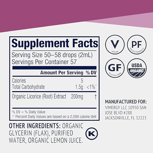 Vimergy Licorice 200mg Organic Liquid Root Extract, 115 mL, 57 Servings