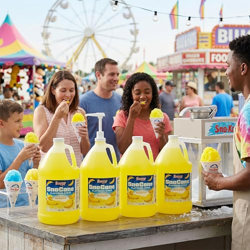 Snappy Banana Sno Cone Syrup, 1 Gallon 4 Pack, Ready to Use for Snow Cone Machines and Shaved Ice
