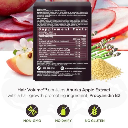 NEW NORDIC Hair Volume Daily Biotin Support Supplement | 90 Tablets | Daily hair supplement tablets made with biotin and Annurka apple extract for simple incorporation into your daily routine