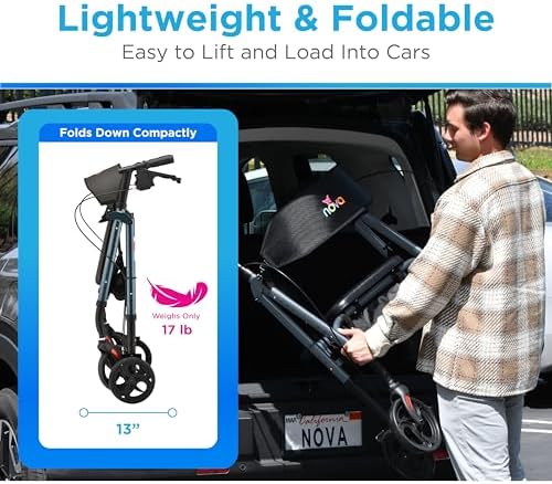 NOVA Star 8 Foldable Rollator Walker for Seniors (5'3"–6'2"), Wide Padded Backrest with Seat, 8” All-Terrain Wheels, Easy-Grip Locking Hand Brakes, Height Adjustable, Sky Blue