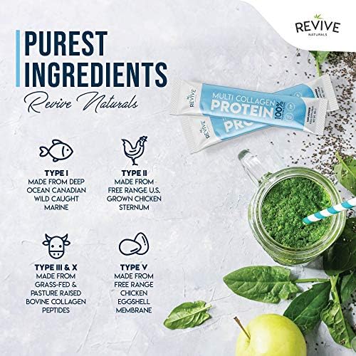 Revive Naturals Multi Collagen Hydrolyzed Protein Powder (16oz) - Types I, II, III, V & X - Grass Fed Bovine, Wild Caught Marine, Free Roaming Chicken & Eggshell Collagen Peptides,