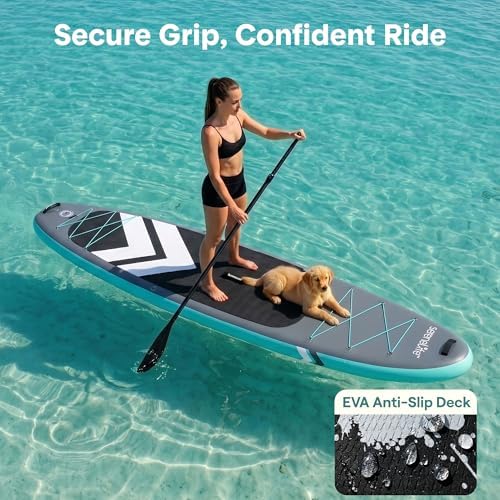 SereneLife 10’ Inflatable Stand Up Paddle Board with Premium SUP Accessories - Wide Stable Design with Non-Slip EVA Deck Pad, for Youth and Adults, 350 lbs. Capacity