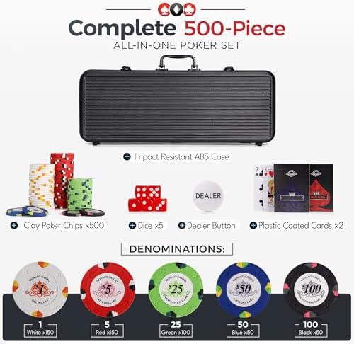 Poker Chips Set - 500pc Monaco Casino 13.5g Clay Poker Chips Set by Versa Games - Strong Aluminum Case, 2x Decks of Cards, 5x Dice