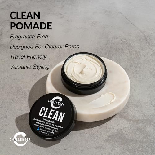 Challenger Men’s Clean Cream Pomade, 1.5 Ounce | Fragrance Free, Non-Comedogenic Hair Styling Product | Medium Firm Hold & Natural Finish | Shine Free, Unscented, Water Based & Travel Friendly