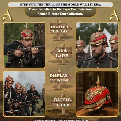 AnNafi Red German Pickelhaube Helmet, Leather Pickelhauben Imperial Prussian Helmet, Brass Military Officer Spiked Men’s Costume