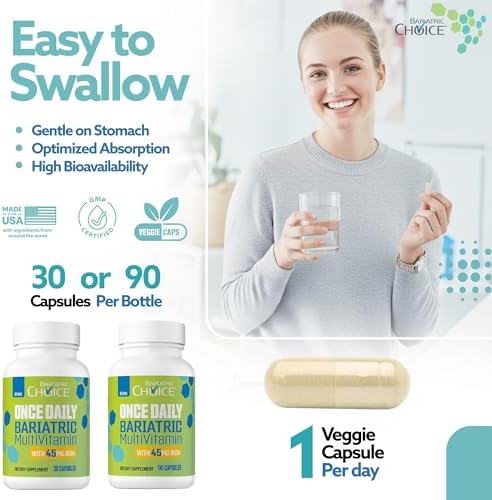 Bariatric Choice Once Daily Bariatric Multivitamin with Iron 45mg, 1 Month | 1-Mo Supply, Once Daily Easy-to-Swallow Capsule for Gastric Bypass & Sleeve Patients – High Potency Vitamins A, D, B12, More