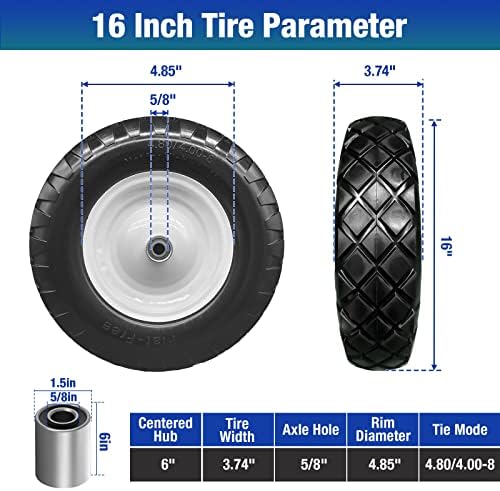 16" 4.80/4.00-8 Flat Free Solid Polyurethane Tire and Wheel with 2Pcs 3/4" Bearing, 1 Pack PU Airless Tires with 5/8" Ball Bearings 6" Iron Hub for Hand Truck/Tool Cart/Garden Carts, 1 Pc
