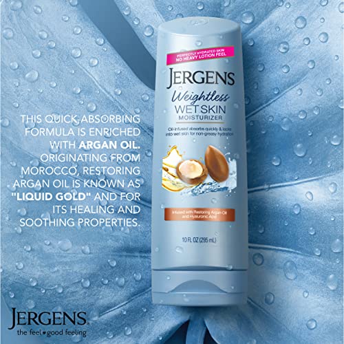 Jergens In Shower Lotion For Dry Skin, Wet Skin Moisturizer, 10 oz, 4 Pack | Argan Oil, Hyaluronic Acid, Fast Absorption, Non-Sticky Formula, Dermatologist Tested