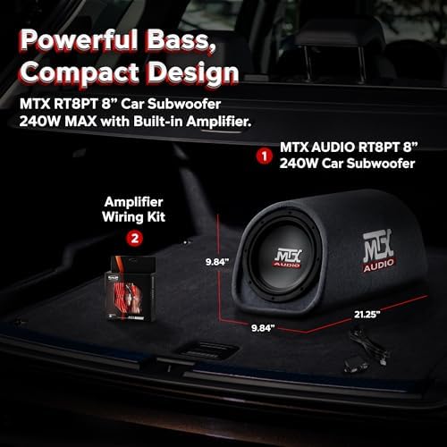 MTX Audio RT8PT 8" 240W Enclosure Amplified Vented Tube Box Car Loaded Subwoofer & Soundstorm AKS8 8 Gauge Car Amplifier Amp Complete Wiring Kit