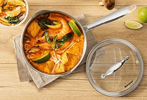 Rorence 3.7 Quart Stainless Steel Induction Sauce Pan with Lid | Stainless Steel Pot Saucepan with Pour Spout & Glass Lid with Strainer