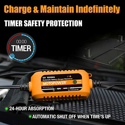 MOTOPOWER MP00205B 12V 1000mA Automatic Battery Charger, Battery Maintainer, Trickle Charger, and Battery Desulfator with Timer Protection - Grey
