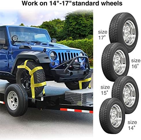 Trekassy Tow Dolly Straps for Car with Flat Hooks-2 Pack, Heavy Duty Car Tire Bonnet Net Fits 14"-17" Tires, 10, 000 lbs Break Strength