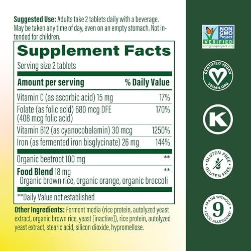 MegaFood Blood Builder Iron Supplement, Energy Support, 72 Mini Tablets