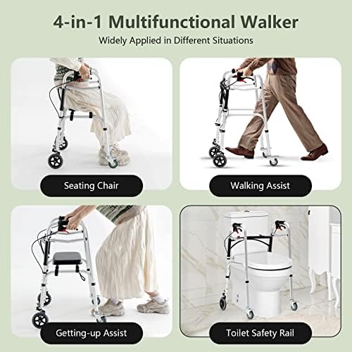 Goplus Walkers for Seniors, 4-in-1 Folding Walker with 5’’ Wheels, Detachable Seat, Height Adjustable Stand Up Walker