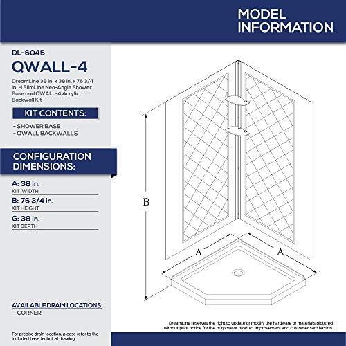 DreamLine 36 in. x 36 in. x 76 3/4 in. H Neo-Angle Shower Base and QWALL-4 Acrylic Corner Backwall Kit in White, DL-6044C-01