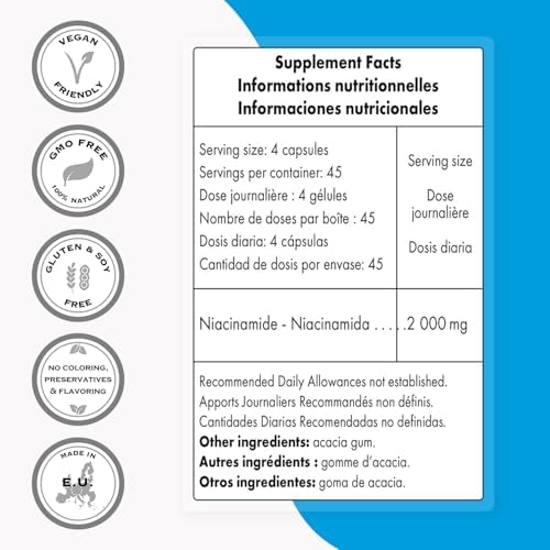 Supersmart - Niacinamide Supplement 2000mg per Day (Nicotinamide) - Flush Free Vitamin B3 Niacin | Non-GMO & Gluten Free - 180 Vegetarian Capsules