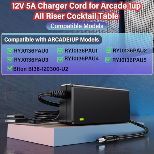 12V Charger for ARCADE1UP Riser Cocktail Table Arcade 1up Game Machine | Power Cord Adapter for Arcade1up RYJ0136PAU0 RYJ0136PAU1 RYJ0136PAU2
