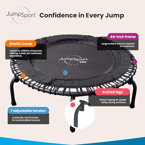 JumpSport 550 Workout Rebounder for Adults, 44" | PRO CE | Mini Exercise Fitness Trampoline Jumper with Cables | Black