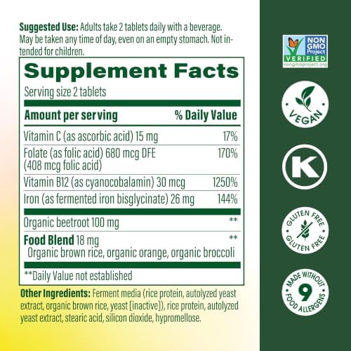 MegaFood Blood Builder Iron Supplement, Energy Support, 72 Mini Tablets