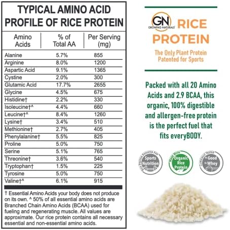Growing Naturals Organic Rice Protein Powder - 15g Plant Protein, 2.8G BCAA - Low-Carb, Low-Sugar, Non-GMO - Vanilla Blast, 2 Pound (Pack of 1)