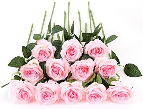 12 PCS Artificial Flowers Roses Silk Flowers Fake Long Stem Artificial Roses for Home Wedding Decorations (Yellow)