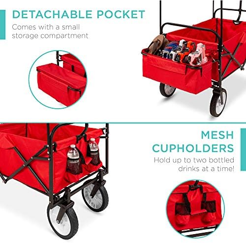 Best Choice Products Collapsible Folding Outdoor Utility Wagon with Canopy Garden Cart for Beach, Picnic, Camping, Tailgates w/Removable Canopy, Detachable Pockets, 150lb Weight Capacity - Red