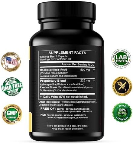 Rhodiola Rosea Supplement High Potency Extract 500mg - 3% Rosavins 1% Salidrosides with Ashwagandha Shisandra Passion Flower Herb Powder Capsules