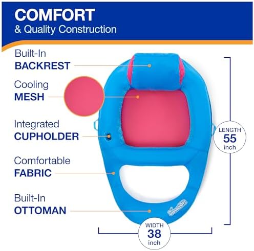 SwimWays Spring Float Recliner Chair for Swimming Pool, Inflatable Pool Floats Adult with Fast Inflation, Cup Holder & Foot Rest for Ages 15 & Up