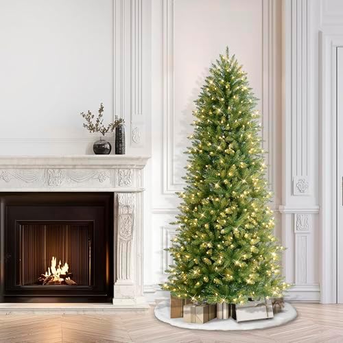 Puleo International 7.5ft Pre-Lit Slim Fraser Christmas Tree with 500 Warm White LED Lights, 1453 Realistic Dense Branch Tips, Easy Setup Artificial Trees with Sturdy Metal Stand