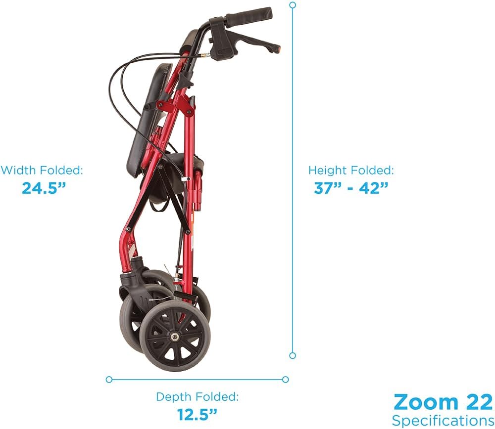 NOVA Zoom 22 Rollator Walker for Seniors, Rolling Walker with Locking Hand Brakes, Padded Seat & 8" Wheels, Lock N Load for Easy Transport & Storage, Adjustable Height 5'5"–6'1", Red