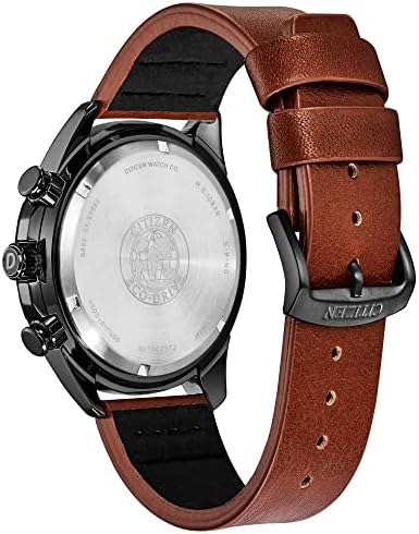 Citizen Men's Eco-Drive Weekender Chronograph Watch in Black IP Stainless Steel with Brown Leather Strap, Black Dial (Model: AT2447-01E)