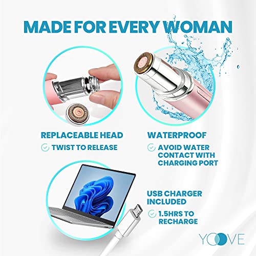 Yoove Rose Pink Rechargeable Device for Facial Hair Removal for Women - Waterproof Facial Hair Remover for Women