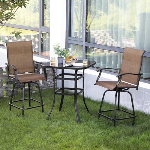 NUU GARDEN 3 Piece Patio Bar Set, All Weather Mental Textilene High Stools Set Outdoor Swivel Bar Chair Set of 2 and High Silk Screen Glass Bar Table