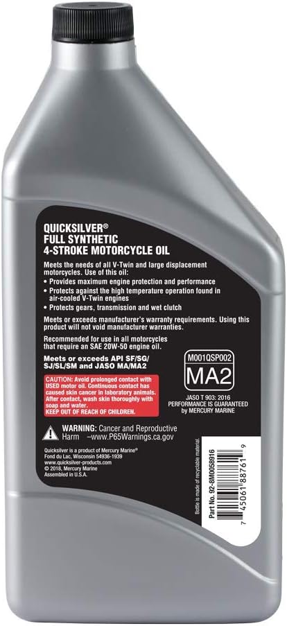 Quicksilver 20W-50 Full Synthetic Motorcycle Oil, 1 Quart