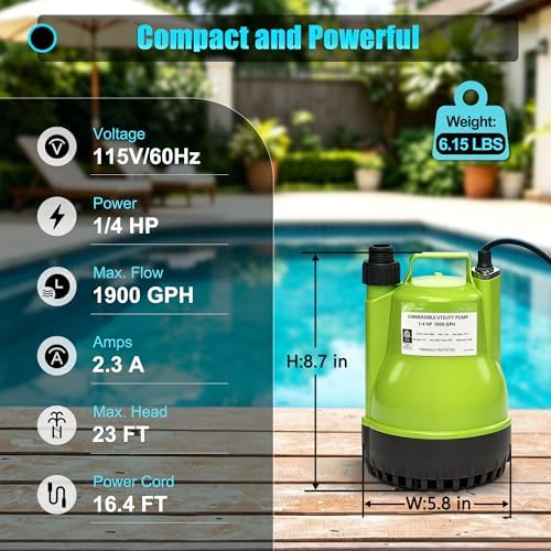 1/4HP Utility Pump 1900GPH Portable Submersible Sump Pump