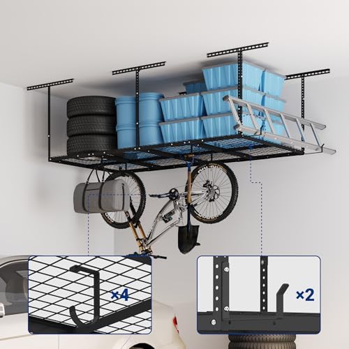 FLEXIMOUNTS 4x8 Overhead Garage Storage Rack with Hooks, Black