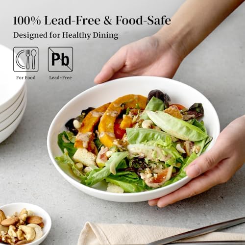 DOWAN 8.5" Pasta Bowls, 32oz Salad Bowls Set of 6, Natural White Ceramic Serving Bowls