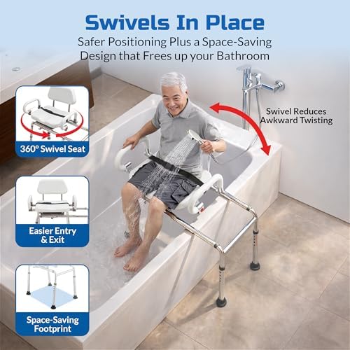 Carousel Sliding Shower Chair Tub Transfer Bench with Swivel Seat Elderly | Slide Safely In & Out of the Tub - Blue, padded seat, padded armrests, swivel seat, backrest, portable, tool-free assembly