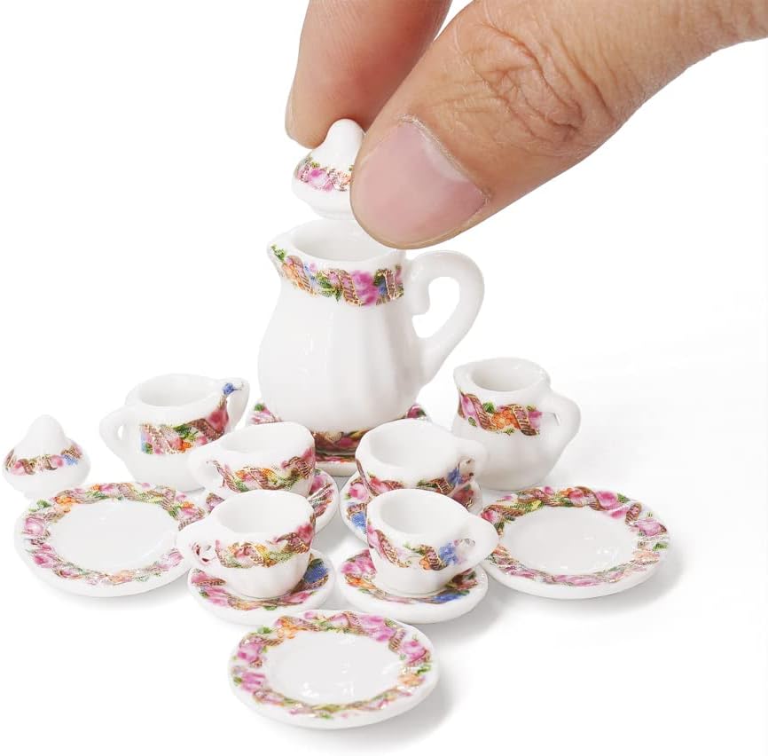 Odoria 1/12 Miniature Porcelain Tea Set 15Pcs Dollhouse Decoration Accessories, Grapes