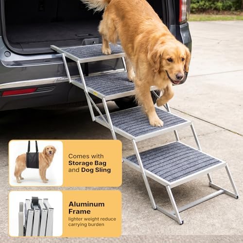 Veehoo Folding Dog Steps Large for Car Truck SUV, Dogs Car Stairs 20" Wide | 4 Steps Foldable Pet Step Aluminum Dog Stairs for Injured Senior Dogs Heavy Duty Pet Ramp Ladder Non Slip, up to 170lbs