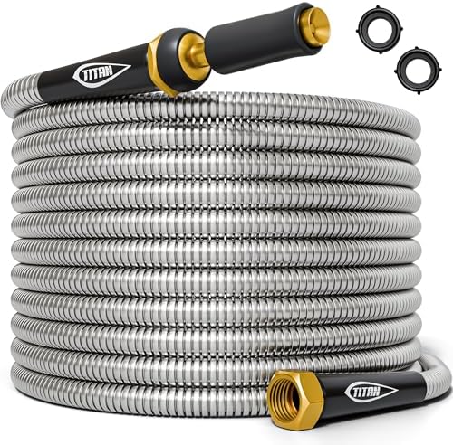 TITAN Garden Hose 100FT - 304 Stainless Steel Metal Water Hose, Flexible, Kink-Free, Lightweight, Durable, Crush Resistant Fittings, Easy to Coil, 500 PSI