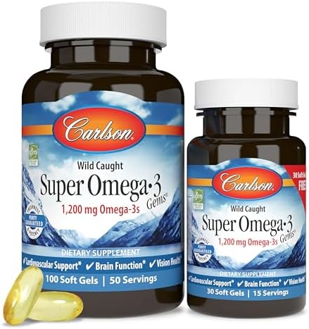Carlson Super Omega-3 Gems, 1200 mg, Omega-3s, 50 Softgels | with EPA and DHA; Wild Caught Norwegian Fish Oil Supplement; Sustainably Sourced Fish Oil Capsules; Omega 3 Supplements