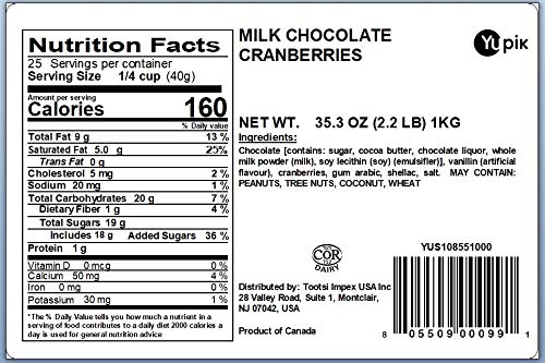 Yupik Milk Chocolate Covered Cranberries, 2.2 lb (35.2 oz), Kosher, Dried Fruits, Dried Cranberries Dipped in Fine Milk Chocolate, Smooth & Chewy, Sweet Snacks, Chocolate Candy, For Topping & Baking