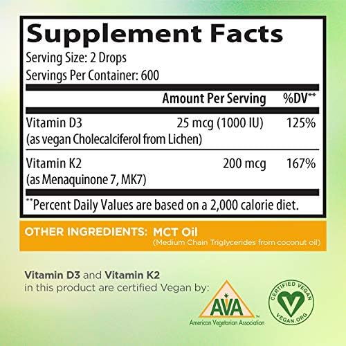 Vegan Liquid Drops Vitamin D3 K2 (MK7) - 100% Plant Based Liquid Vitamin D Enhanced with Coconut Oil for Max Absorption - 1 Serving = 1000 IU VIT D3