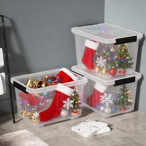 30L Plastic Storage Bin with Lid, Stackable Clear Container