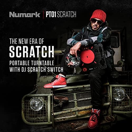 Numark PT01 Scratch Portable DJ Turntable | Scratch Switch, Built-In Speaker, 3-Speed Playback, USB Out, AC and Battery Power for Portablists