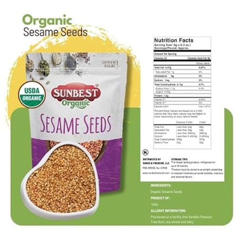 Sunbest Natural Organic Brown Sesame Seeds 32 oz.(2 lb) - USDA Organic, Non-GMO, Vegan, Gluten-free, Kosher - Fresh & Nutrient-Rich Snack, Topping, Baking - 2-Pack 16 oz