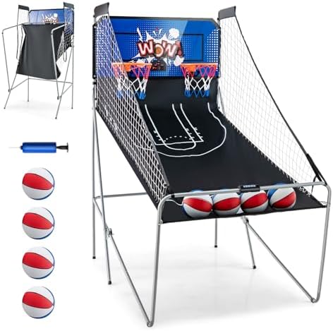GYMAX Arcade Basketball Game Indoor Foldable with 8 Game Modes, Arcade Sound, 4 Balls and Inflation Pump, Electronic Basketball Games for All Ages Home