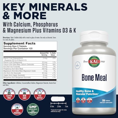 KAL Bone Meal Tablets, Calcium Supplement w/Magnesium, Vitamin D3 and K, Bone Health, Muscle and Nerve Function Support, Rapid Disintegration
