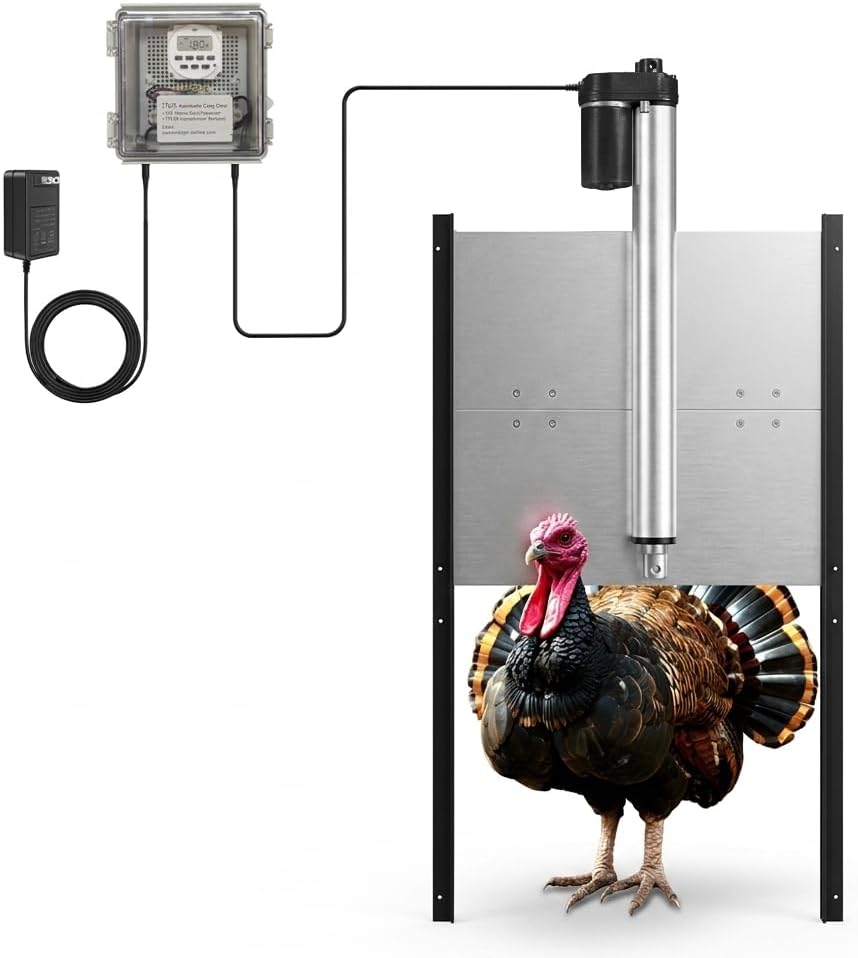 JVR Automatic Chicken Coop Door, Programmable Timer, Anti-Pinch, Aluminum | Heavy-duty aluminum door with industrial screw-rod actuator, anti-pinch sensor, and 11 x 12 in opening; timer schedule only